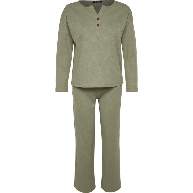 Trendyol Green Waffle Tshirt-Pants Knitted Pajama Set