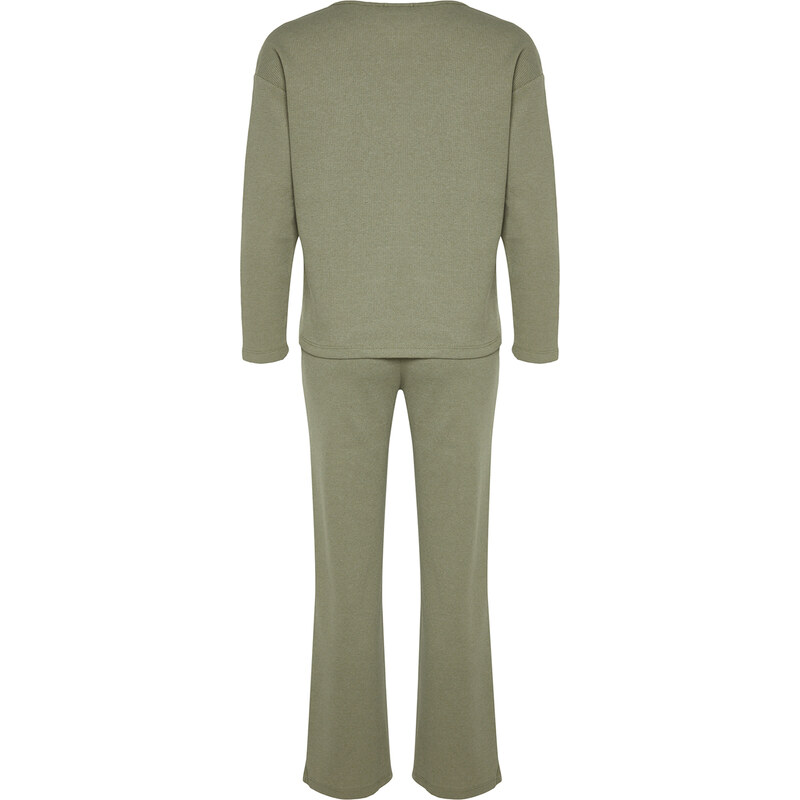 Trendyol Green Waffle Tshirt-Pants Knitted Pajama Set