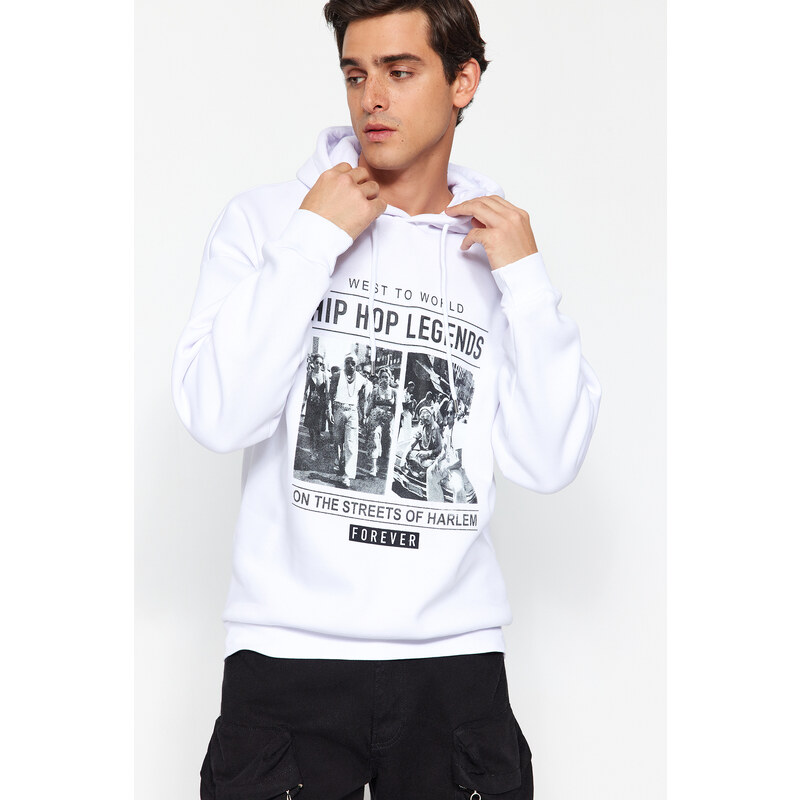 Trendyol White Men's Oversize/Wide-Fit Hooded Rap Music Printed Fleece Cotton Sweatshirt.