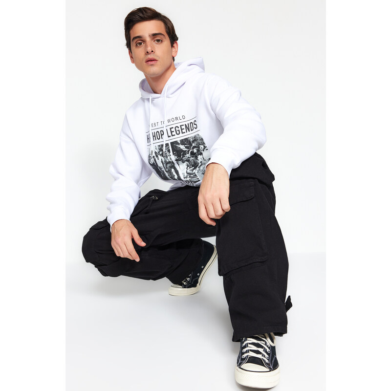 Trendyol White Men's Oversize/Wide-Fit Hooded Rap Music Printed Fleece Cotton Sweatshirt.