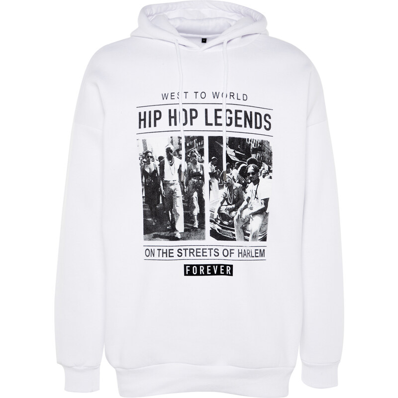 Trendyol White Men's Oversize/Wide-Fit Hooded Rap Music Printed Fleece Cotton Sweatshirt.