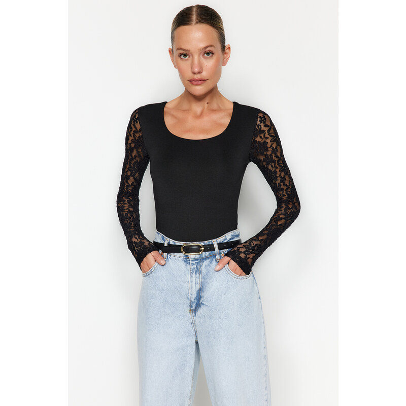 Trendyol Black Square Neck Lace Sleeve Knitted Bodysuit