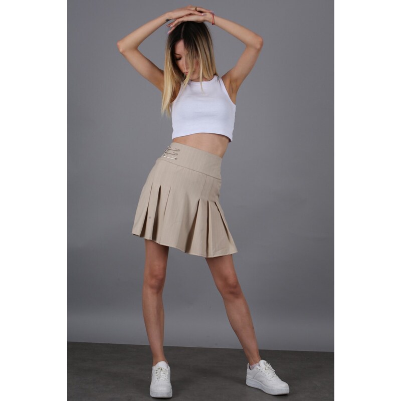 Madmext Women's Beige Striped Pleated Short Skirt Mg1451