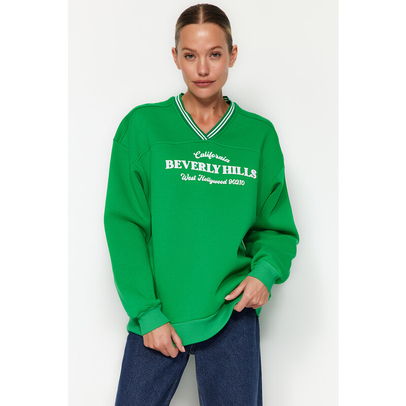 Trendyol Green Oversize/Wide Knitwear Detailed Slogan Fleece Knitted Sweatshirt