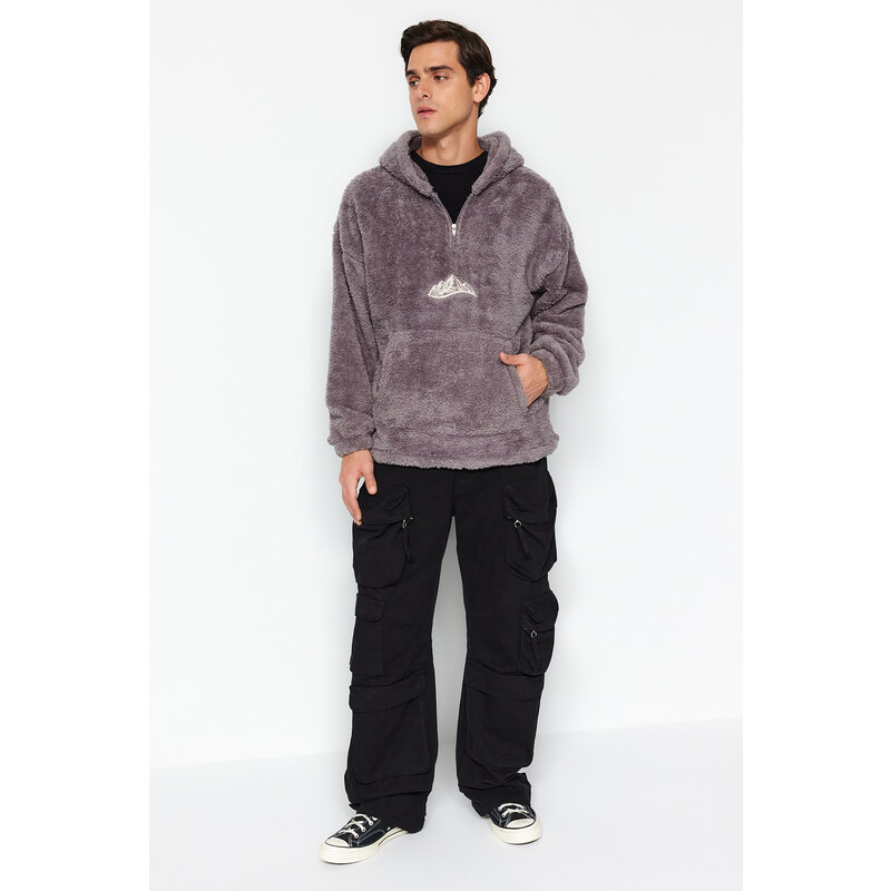 Trendyol Gray Oversize/Wide-Fit Zippered Mountain Embroidery Pocket Fleece/Plush Sweatshirt