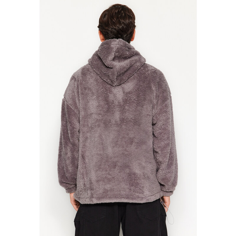 Trendyol Gray Oversize/Wide-Fit Zippered Mountain Embroidery Pocket Fleece/Plush Sweatshirt