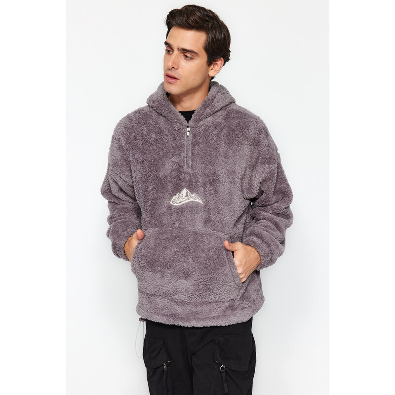 Trendyol Gray Oversize/Wide-Fit Zippered Mountain Embroidery Pocket Fleece/Plush Sweatshirt