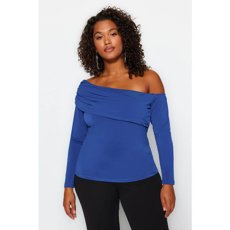 Trendyol Curve Blue Asymmetric Collar Knitted Blouse