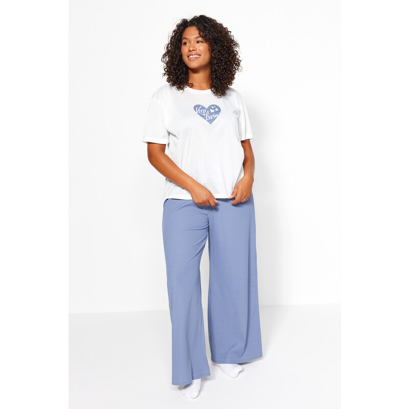 Trendyol Curve Blue Heart Pattern Ribbed Knitted Pajamas Set