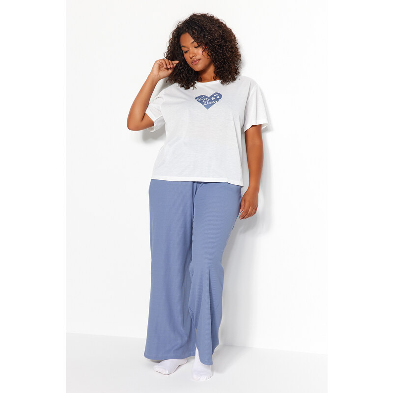 Trendyol Curve Blue Heart Pattern Ribbed Knitted Pajamas Set