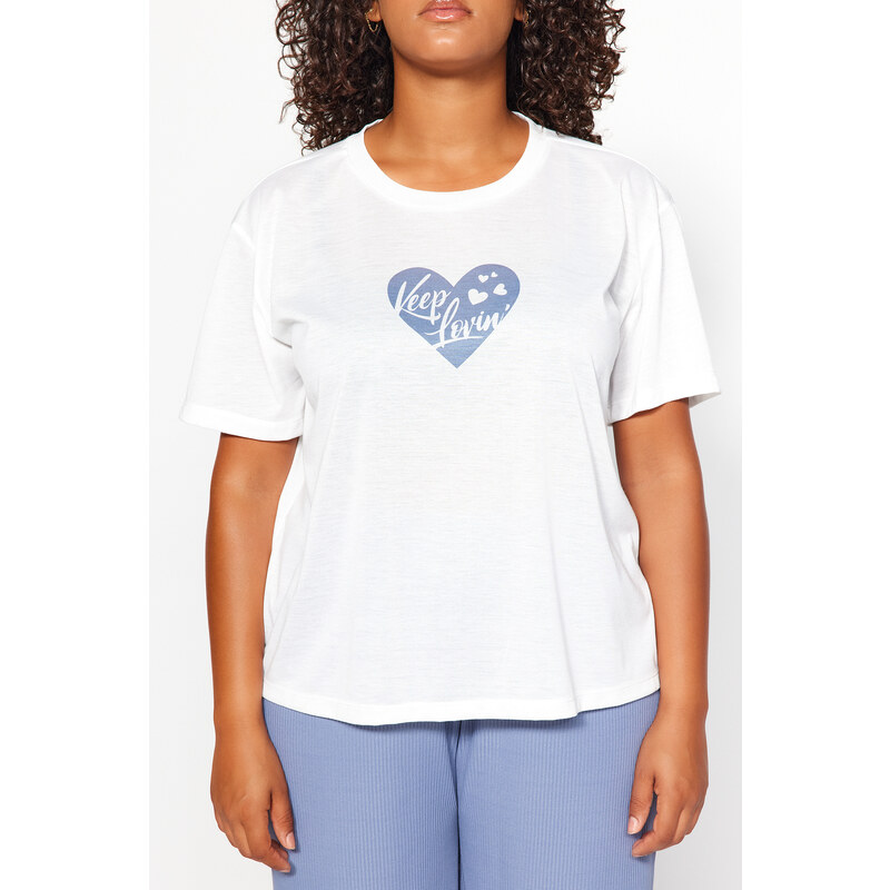 Trendyol Curve Blue Heart Pattern Ribbed Knitted Pajamas Set