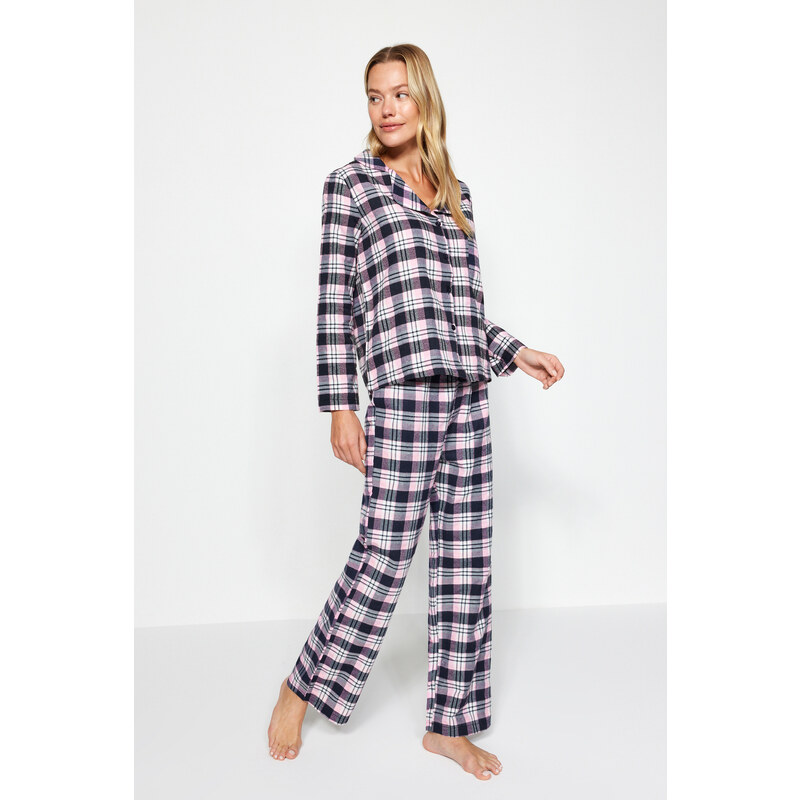 Trendyol Pink Flannel Checked Shirt-Pants Weave Pajamas Set