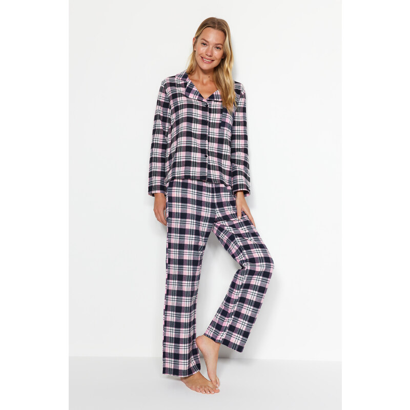 Trendyol Pink Flannel Checked Shirt-Pants Weave Pajamas Set