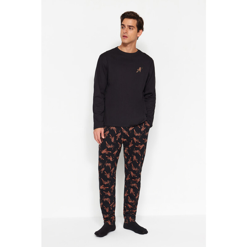 Trendyol Black Regular Fit Printed Knitted Pajamas Set