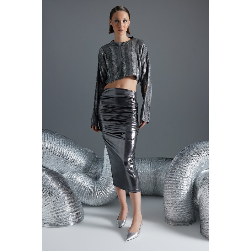 Trendyol Anthracite Metallic Look Skirt