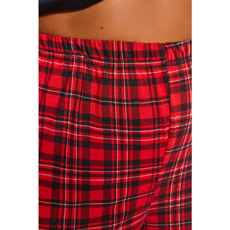 Trendyol Curve Black Printed Plaid Flannel Woven Pajamas Set