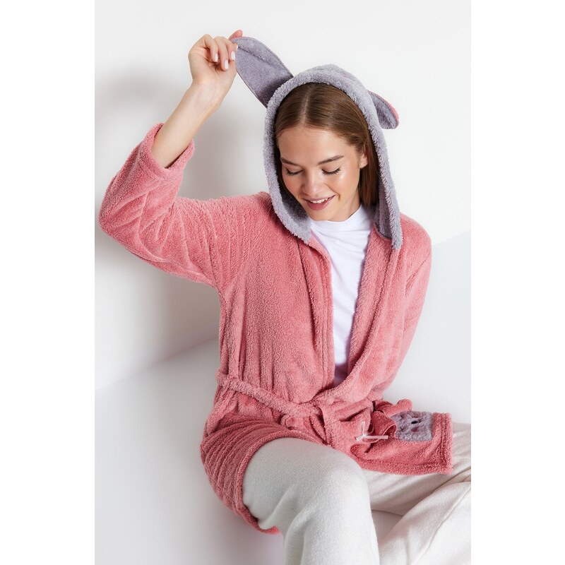 Trendyol Powder Belted Animal Figured Hooded Wellsoft Knitted Dressing Gown