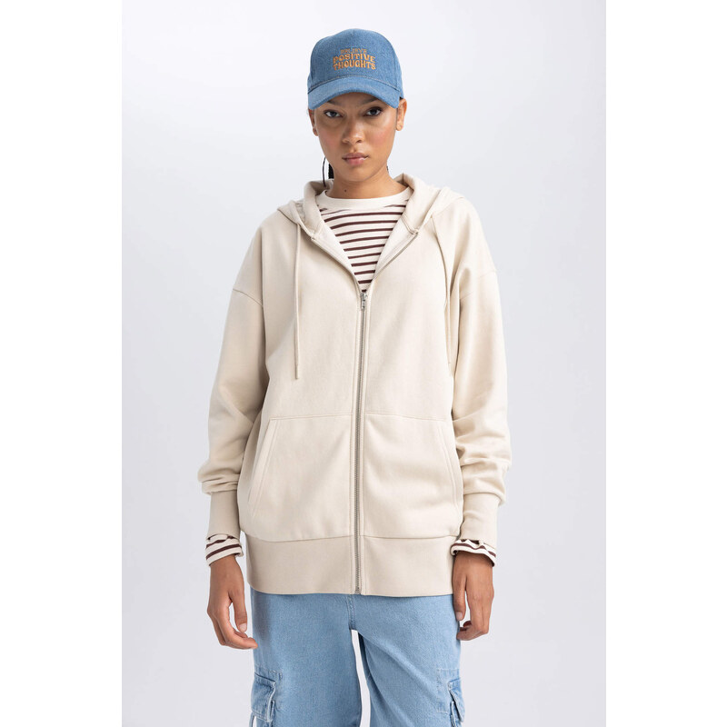 DEFACTO Oversize Fit Hooded Thick Sweatshirt Fabric Cardigan