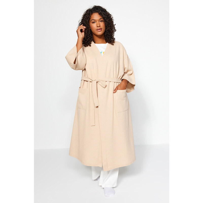 Trendyol Curve Stone Belted Knitted Waffle Dressing Gown