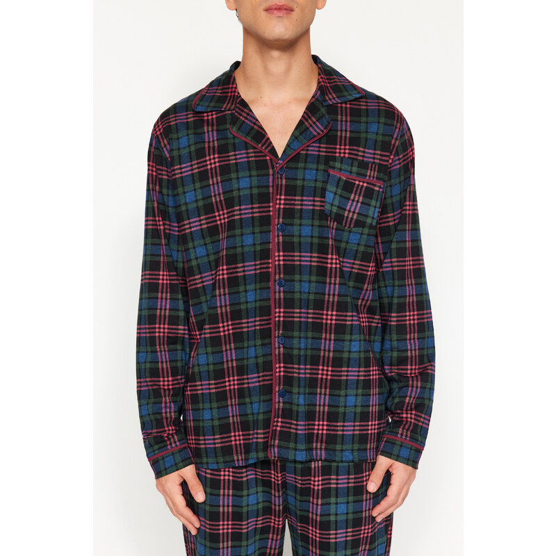 Trendyol Navy Blue Regular Fit Plaid Knitted Pajamas Set