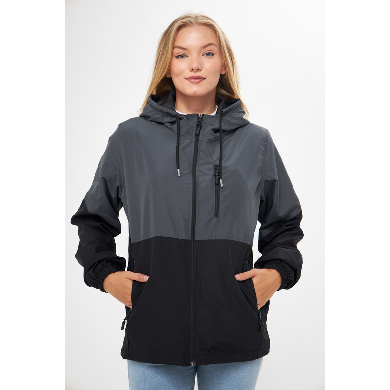 River Club Women's Anthracite-Black Two-tone, Inner Lined Water and Windproof Hooded Raincoat with Pocket.