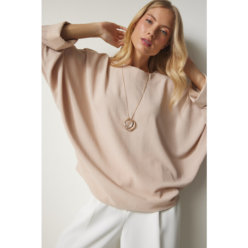 Happiness İstanbul Women's Beige Bat-Sleeved Flowy Airobine Blouse