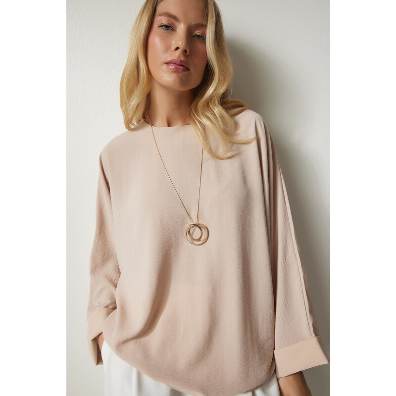 Happiness İstanbul Women's Beige Bat-Sleeved Flowy Airobine Blouse