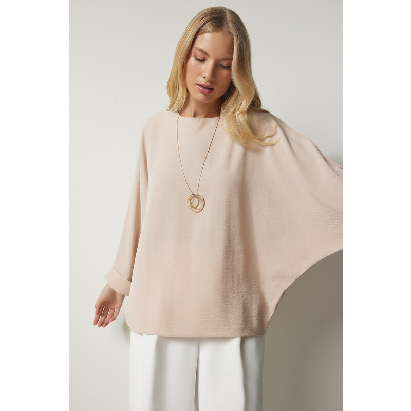 Happiness İstanbul Women's Beige Bat-Sleeved Flowy Airobine Blouse