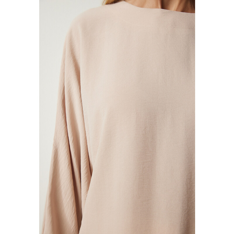 Happiness İstanbul Women's Beige Bat-Sleeved Flowy Airobine Blouse