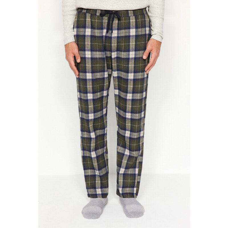 Trendyol Pánské Khaki kostkované tkané pyžamové kalhoty regular fit