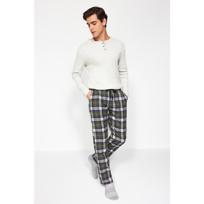 Trendyol Pánské Khaki kostkované tkané pyžamové kalhoty regular fit