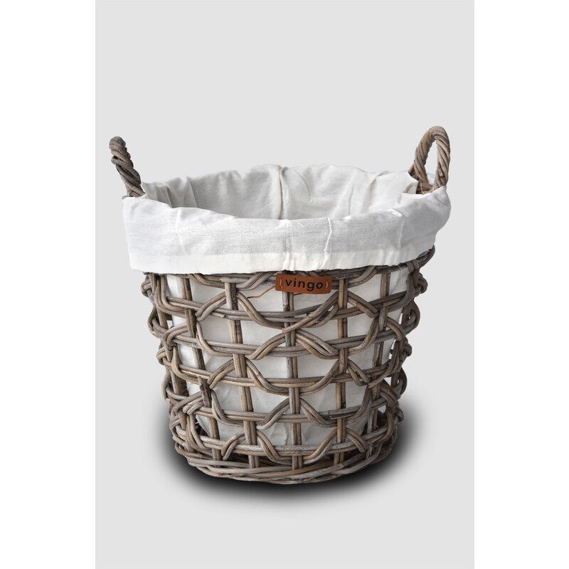 Úložný ratanový koš s bílou textilií, kulatý – šedý