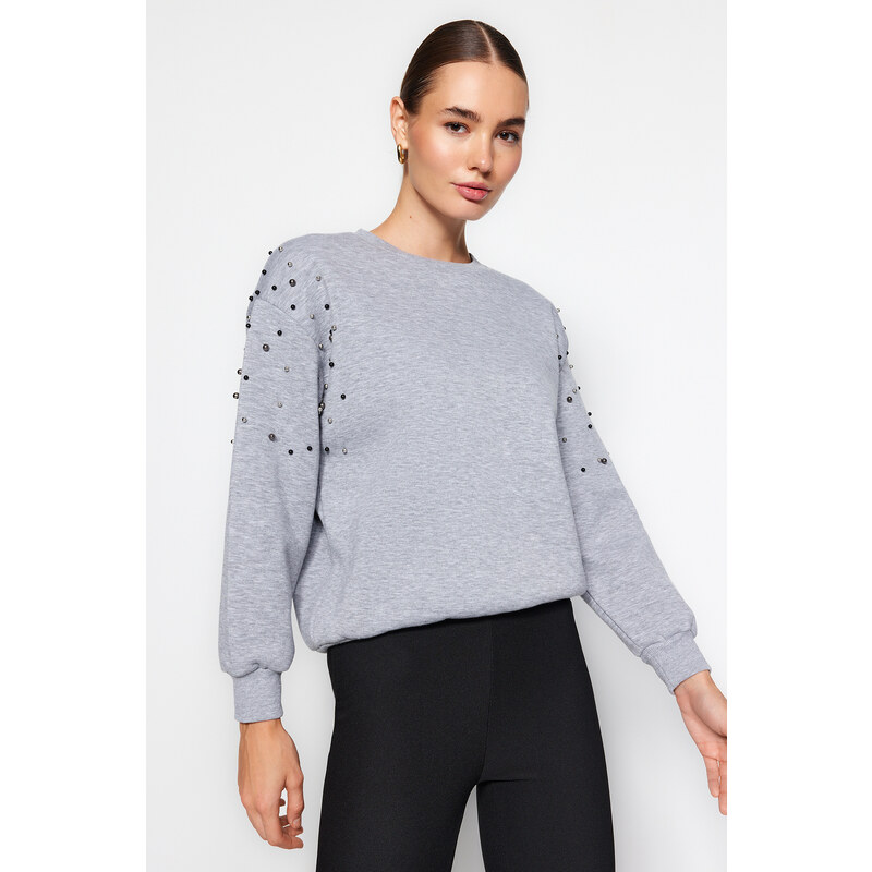 Trendyol Gray Melange Pearl Detailed Regular Fit Low-Sleeve Knitted Sweatshirt with Fleece Inside