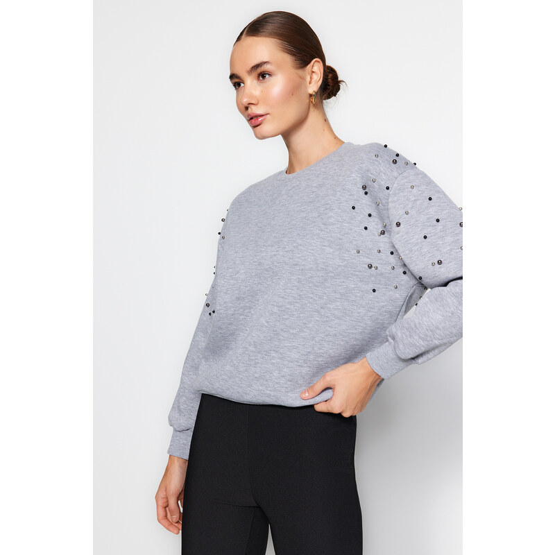 Trendyol Gray Melange Pearl Detailed Regular Fit Low-Sleeve Knitted Sweatshirt with Fleece Inside