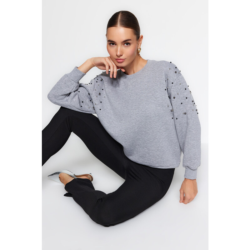 Trendyol Gray Melange Pearl Detailed Regular Fit Low-Sleeve Knitted Sweatshirt with Fleece Inside