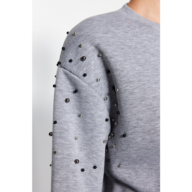 Trendyol Gray Melange Pearl Detailed Regular Fit Low-Sleeve Knitted Sweatshirt with Fleece Inside