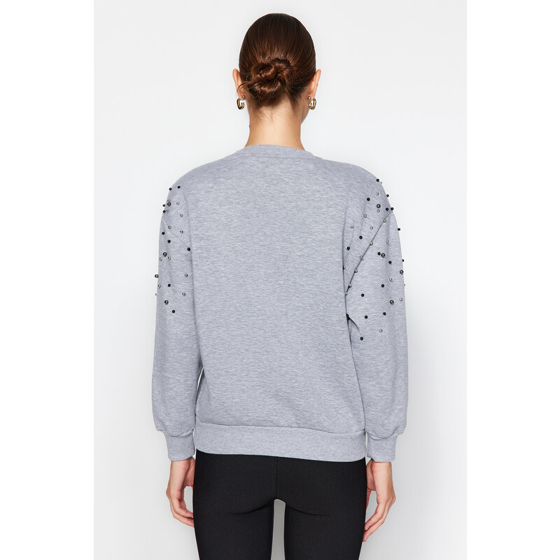 Trendyol Gray Melange Pearl Detailed Regular Fit Low-Sleeve Knitted Sweatshirt with Fleece Inside