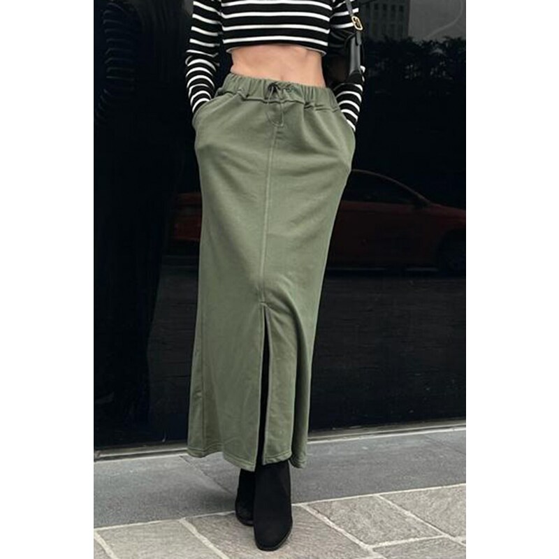 Madmext Women's Khaki Green Midi Skirt with a Slit Detail