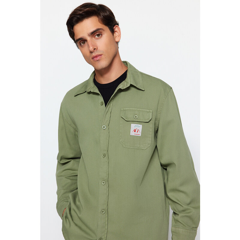 Trendyol Khaki Relaxed Comfort Fit Label Detailed Single Pocket Gabardine Textured Shirt Jacket