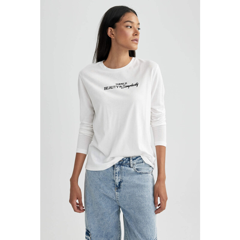 DEFACTO Regular Fit Crew Neck Slogan modal Long Sleeve T-Shirt