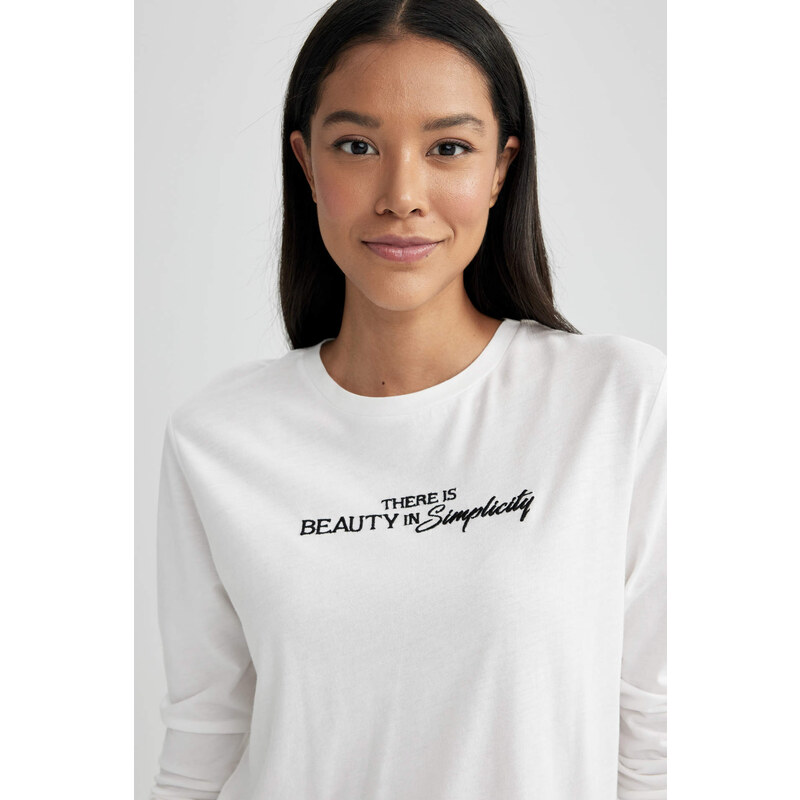 DEFACTO Regular Fit Crew Neck Slogan modal Long Sleeve T-Shirt