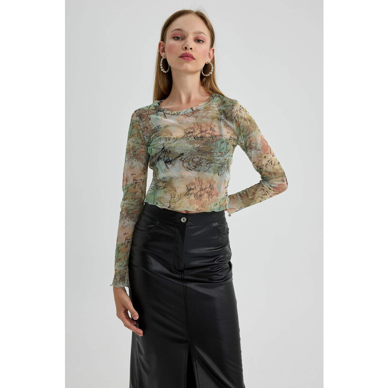 DEFACTO Crop Crew Neck Batic Tulle Long Sleeve T-Shirt