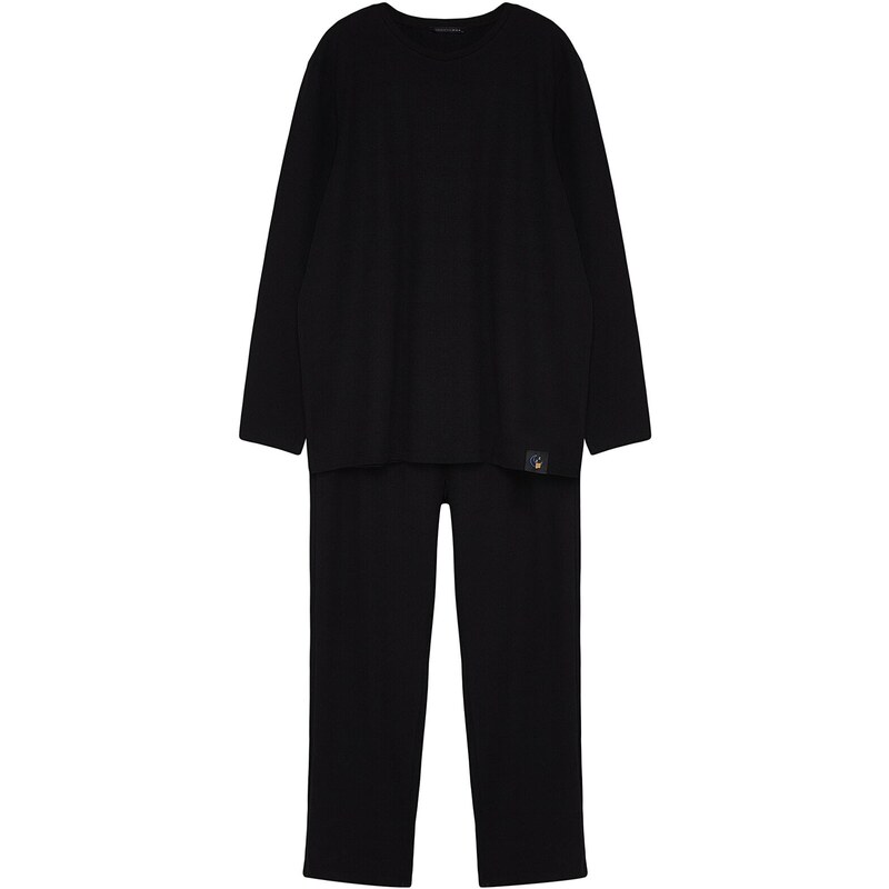 Trendyol Pánské černé vaflové pletené pyžamo v nadměrných velikostech