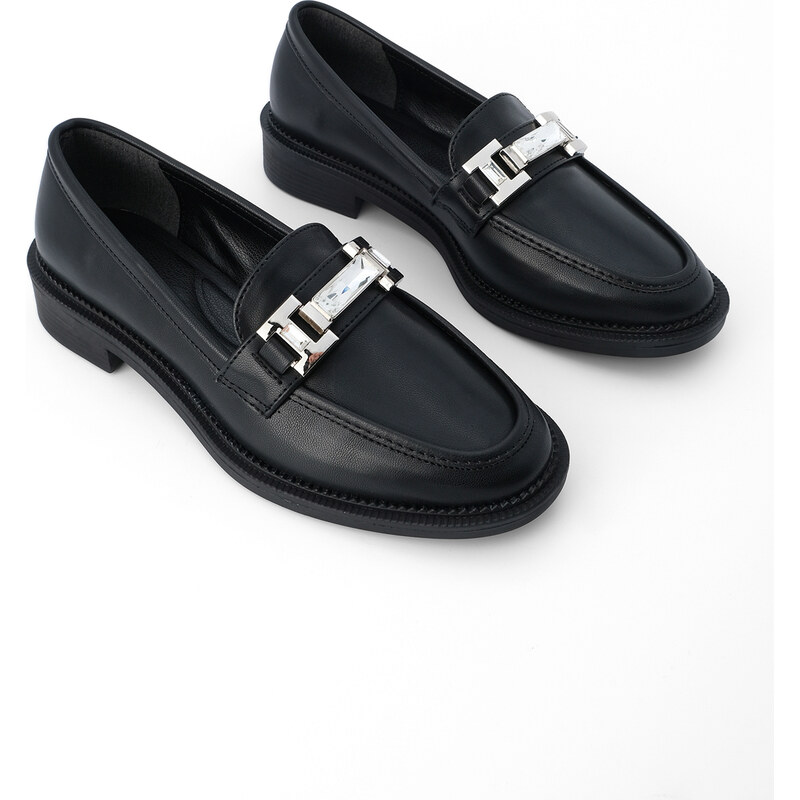 Marjin Women's Gemstone Buckle Loafers Casual Shoes Hosre Black