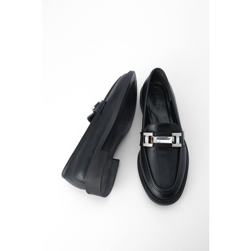 Marjin Women's Gemstone Buckle Loafers Casual Shoes Hosre Black
