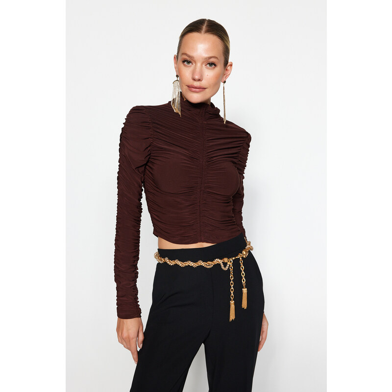 Trendyol Brown Draped Crop Top