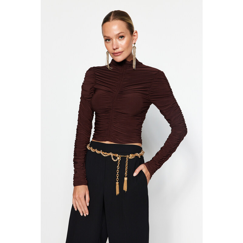 Trendyol Brown Draped Crop Top