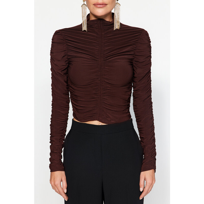 Trendyol Brown Draped Crop Top