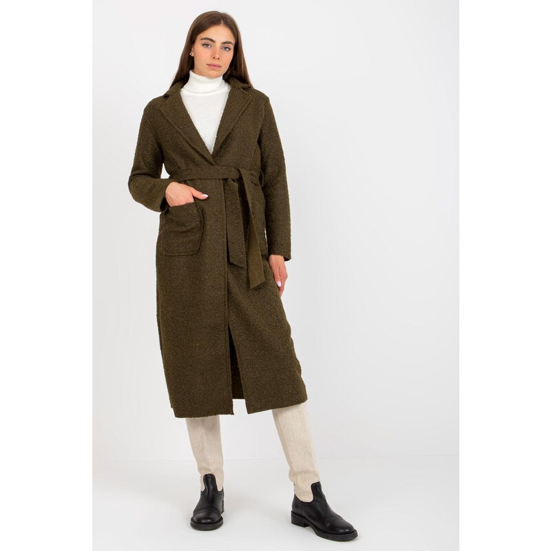 MladaModa Dlouhý plyšový kabát Merve s páskem barva khaki 86055829