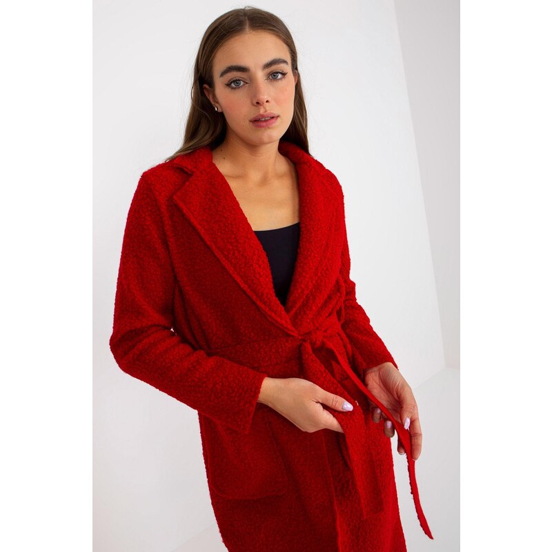 MladaModa Dlouhý plyšový kabát Merve s páskem červený